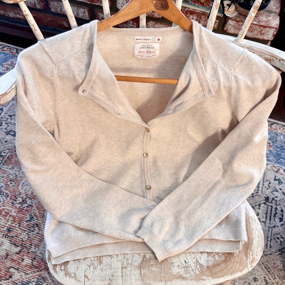 Zara girl, classic cardigan, sweater, size 13, 14 oatmeal color